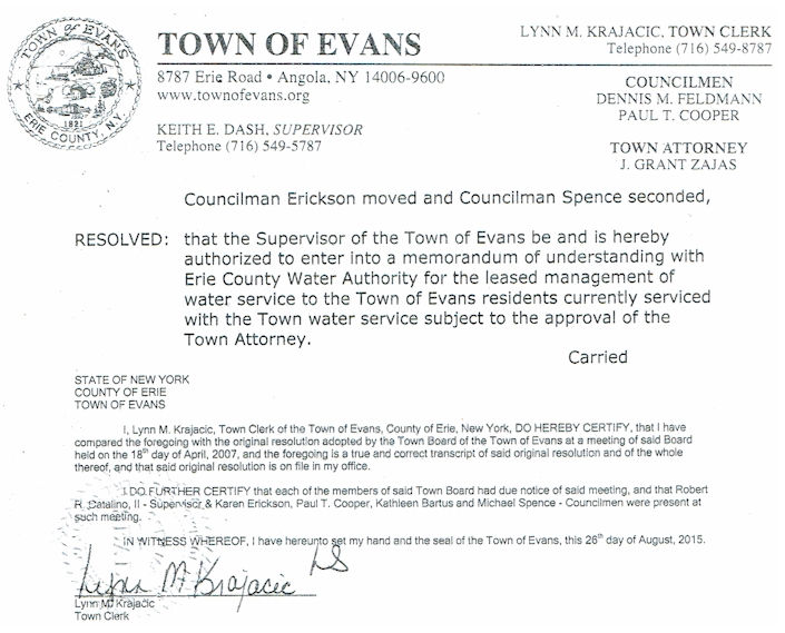 Town of Evans Water To ECWA Vote